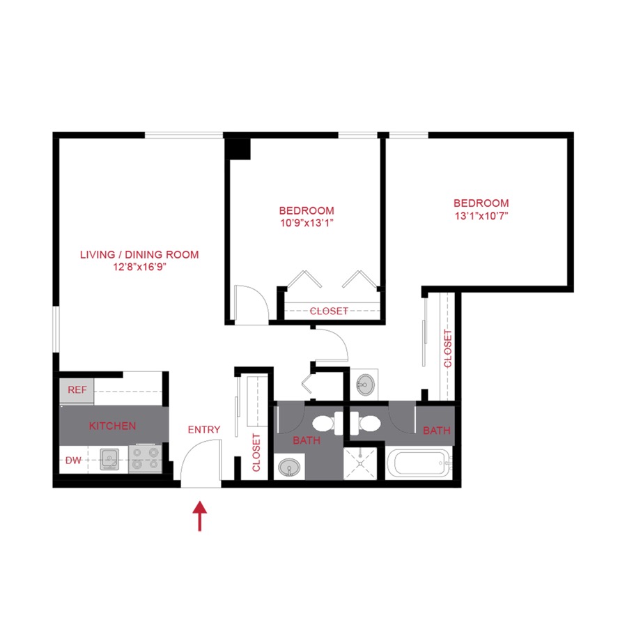 Rendering of the B2 floor plan with 2 bedroom[s] and 2 bathroom[s] at 180 Flats