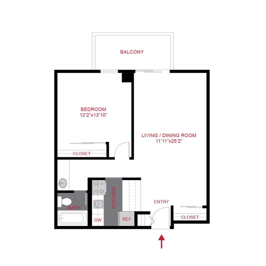 Rendering of the A2R floor plan with 1 bedroom[s] and 1 bathroom[s] at 180 Flats