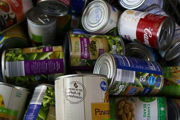 Stacks of donated vegetable cans.