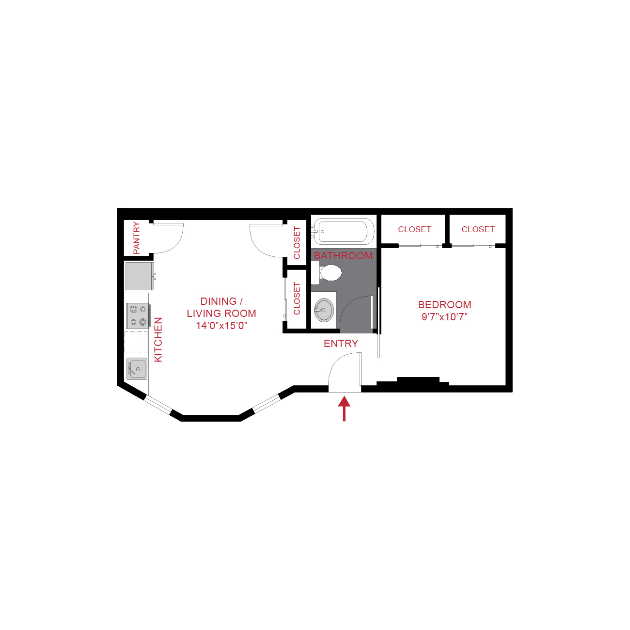 Rendering of the 1153 A4-One Bedroom floor plan with 1 bedroom[s] and 1 bathroom[s] at 1145 & 1153 Ogden