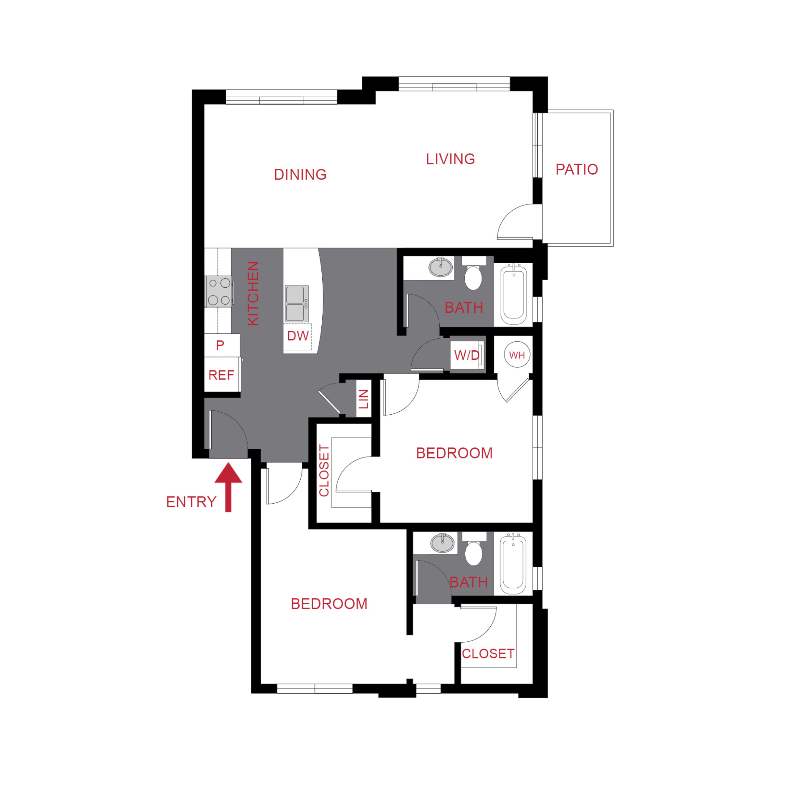 Rendering of the B4 floor plan with 2 bedroom[s] and 2 bathroom[s] at Monaco Row