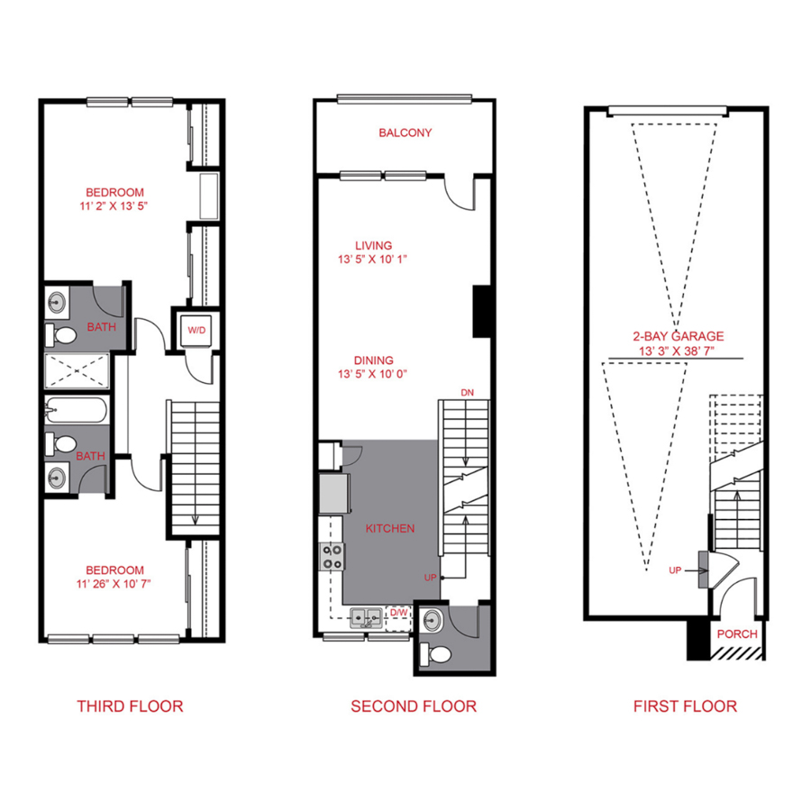 Rendering of the Plan 1 floor plan with 2 bedroom[s] and 2.5 bathroom[s] at Platt Park Townhomes