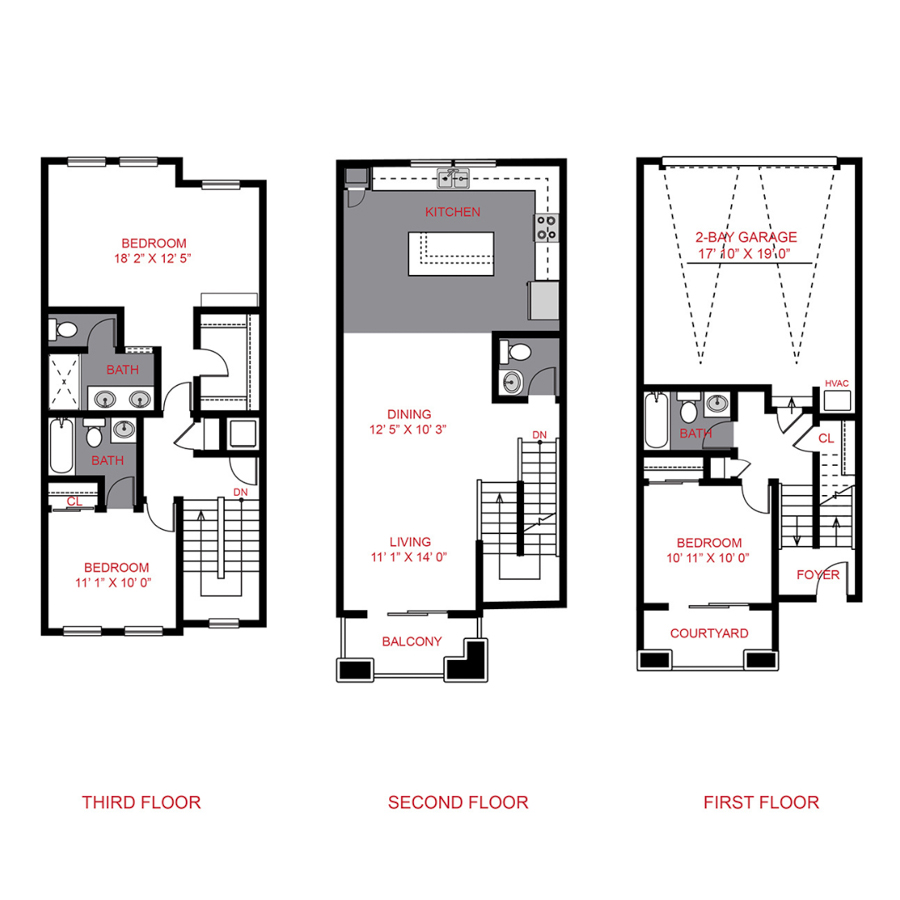 Rendering of the Plan 2 floor plan with 3 bedroom[s] and 3.5 bathroom[s] at Platt Park Townhomes