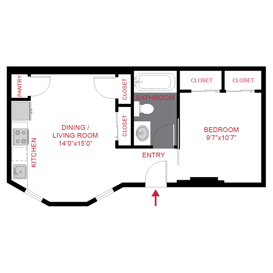 Rendering of the 1153 A1 - One Bedroom floor plan with 1 bedroom[s] and 1 bathroom[s] at 1145 & 1153 Ogden