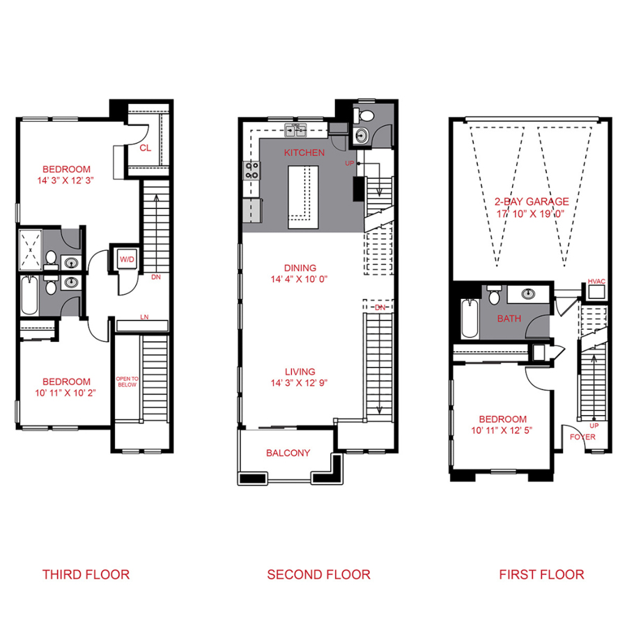 Rendering of the Plan 3 floor plan with 3 bedroom[s] and 3.5 bathroom[s] at Platt Park Townhomes