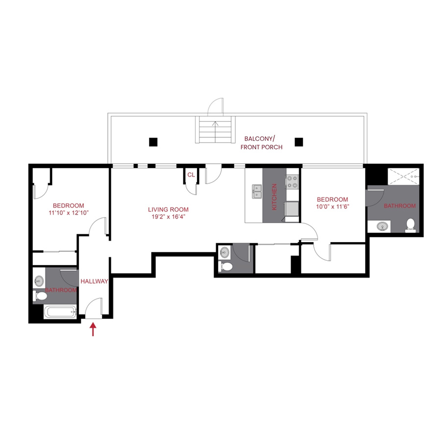 Rendering of the Plan B4 floor plan with 2 bedroom[s] and 2.5 bathroom[s] at 1375 High