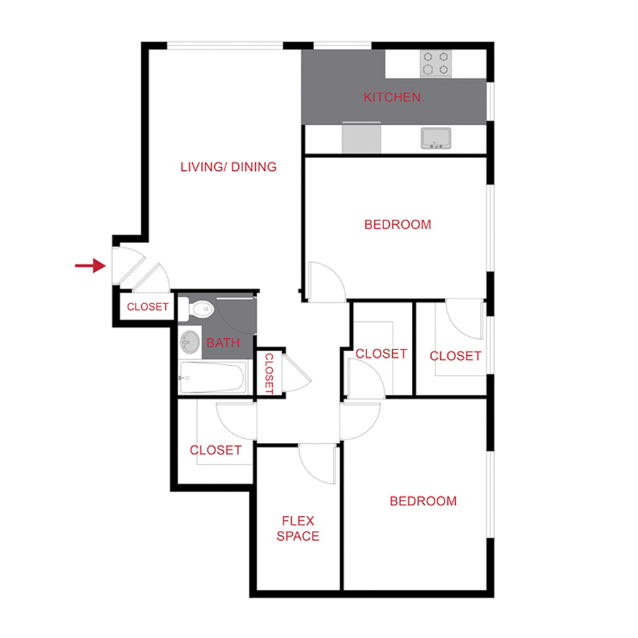 Rendering of the 880 Dexter - Two Bedroom floor plan with 2 bedroom[s] and 1 bathroom[s] at The Dexters & Dahlias