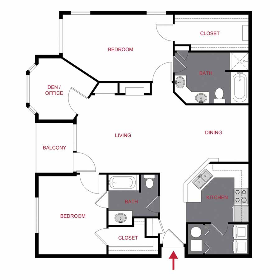 Rendering of the PLAN VILLAGE GREEN + STUDY floor plan with 2 bedroom[s] and 2 bathroom[s] at Timber Creek