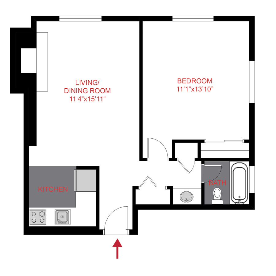 Rendering of the A1R floor plan with 1 bedroom[s] and 1 bathroom[s] at 1360 Williams
