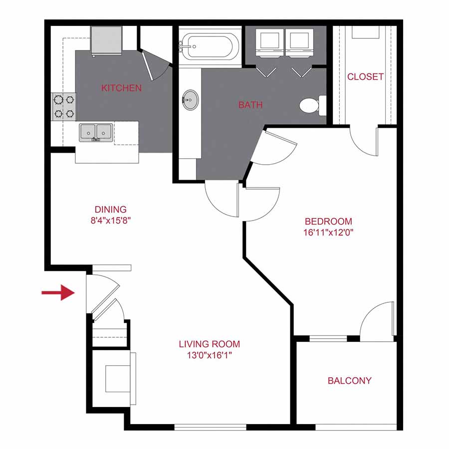 Rendering of the PLAN WESTLAND floor plan with 1 bedroom[s] and 1 bathroom[s] at Timber Creek