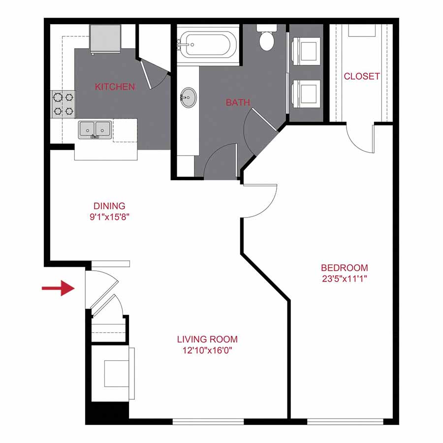 Rendering of the PLAN WESTLAND EXTENDED floor plan with 1 bedroom[s] and 1 bathroom[s] at Timber Creek