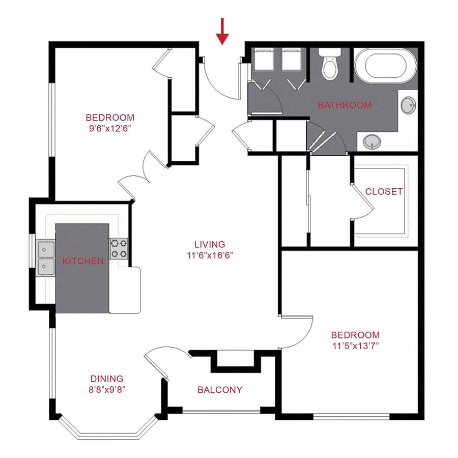 Rendering of the PLAN GM WALLACE + DEN floor plan with 1 bedroom[s] and 1 bathroom[s] at Timber Creek