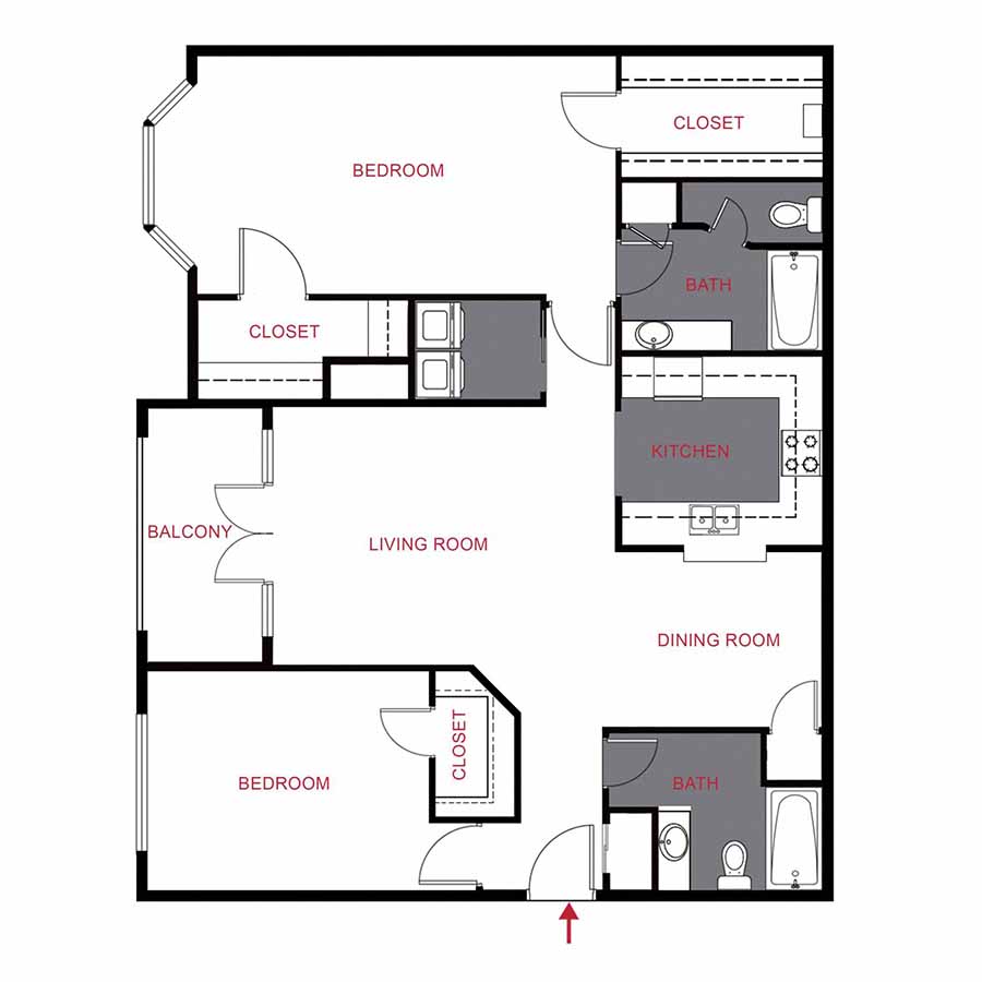 Rendering of the PLAN CHERRY CREEK floor plan with 2 bedroom[s] and 2 bathroom[s] at Timber Creek