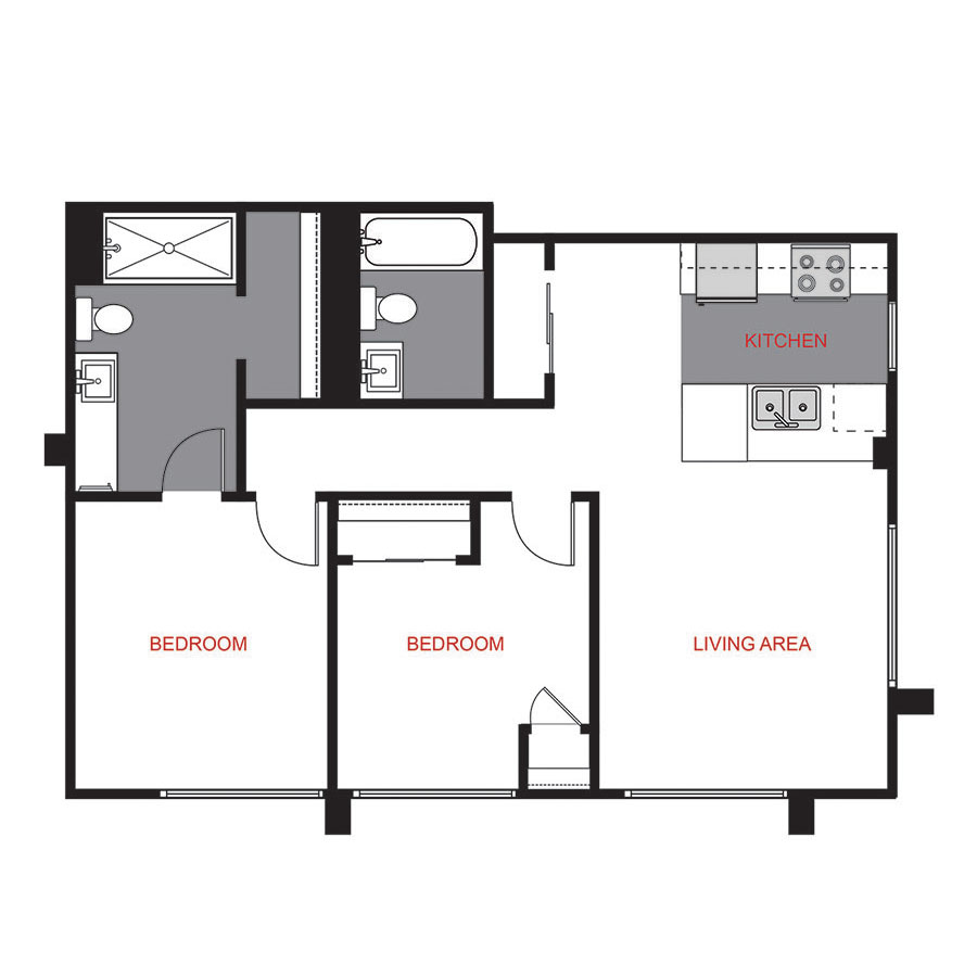 Rendering of the Plan B2 floor plan with 2 bedroom[s] and 2 bathroom[s] at 1375 High
