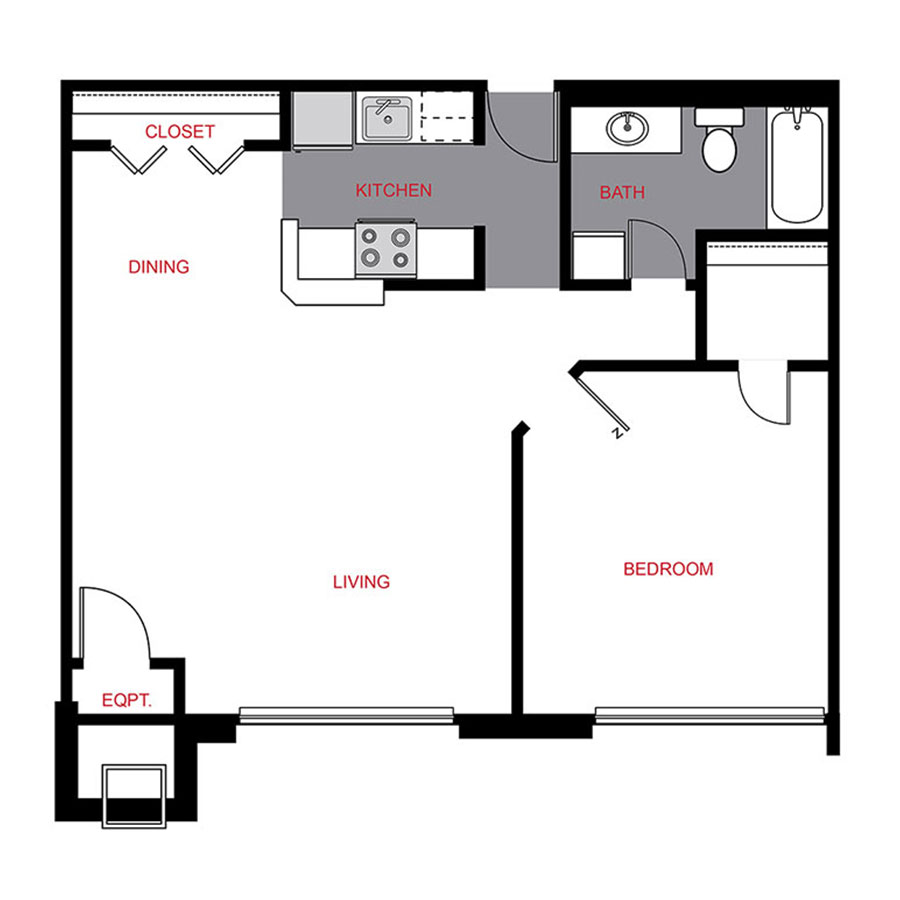 Rendering of the A4 floor plan with 1 bedroom[s] and 1 bathroom[s] at Colorado Station