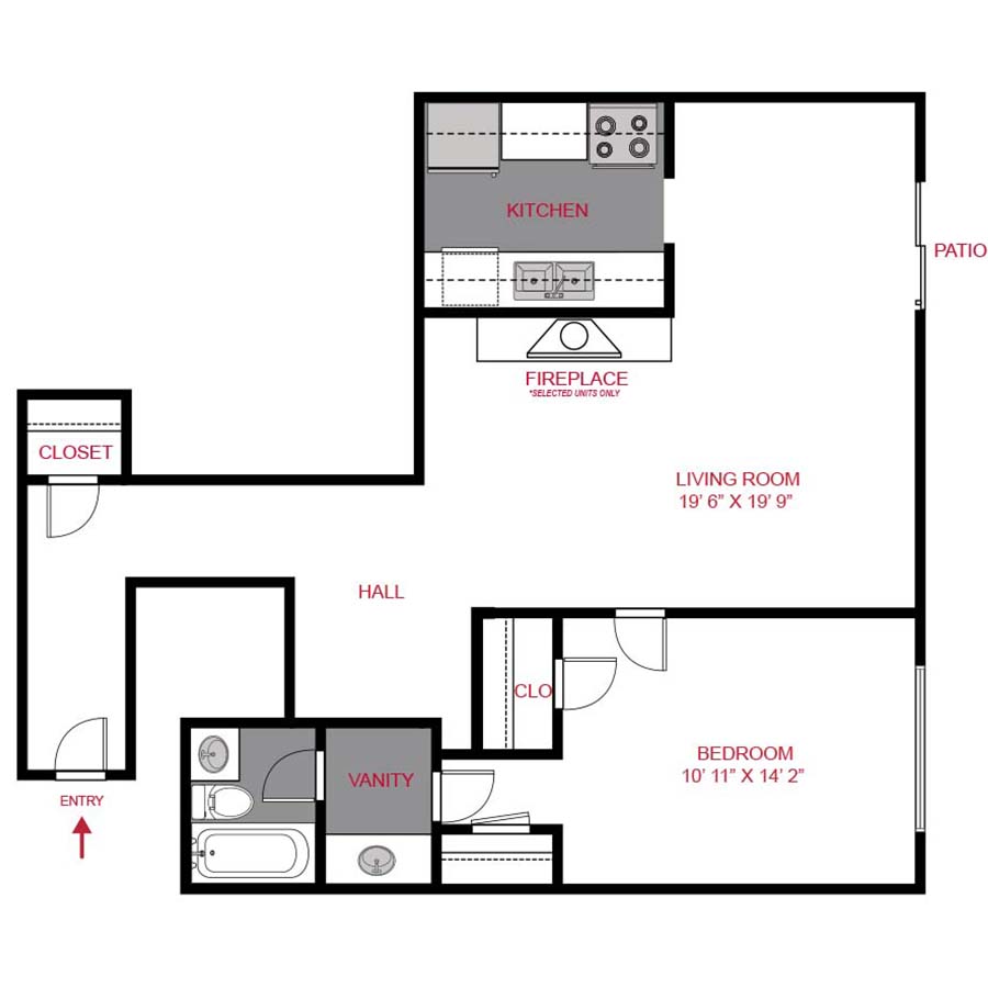 Rendering of the A2 floor plan with 1 bedroom[s] and 1 bathroom[s] at 1280 Lafayette