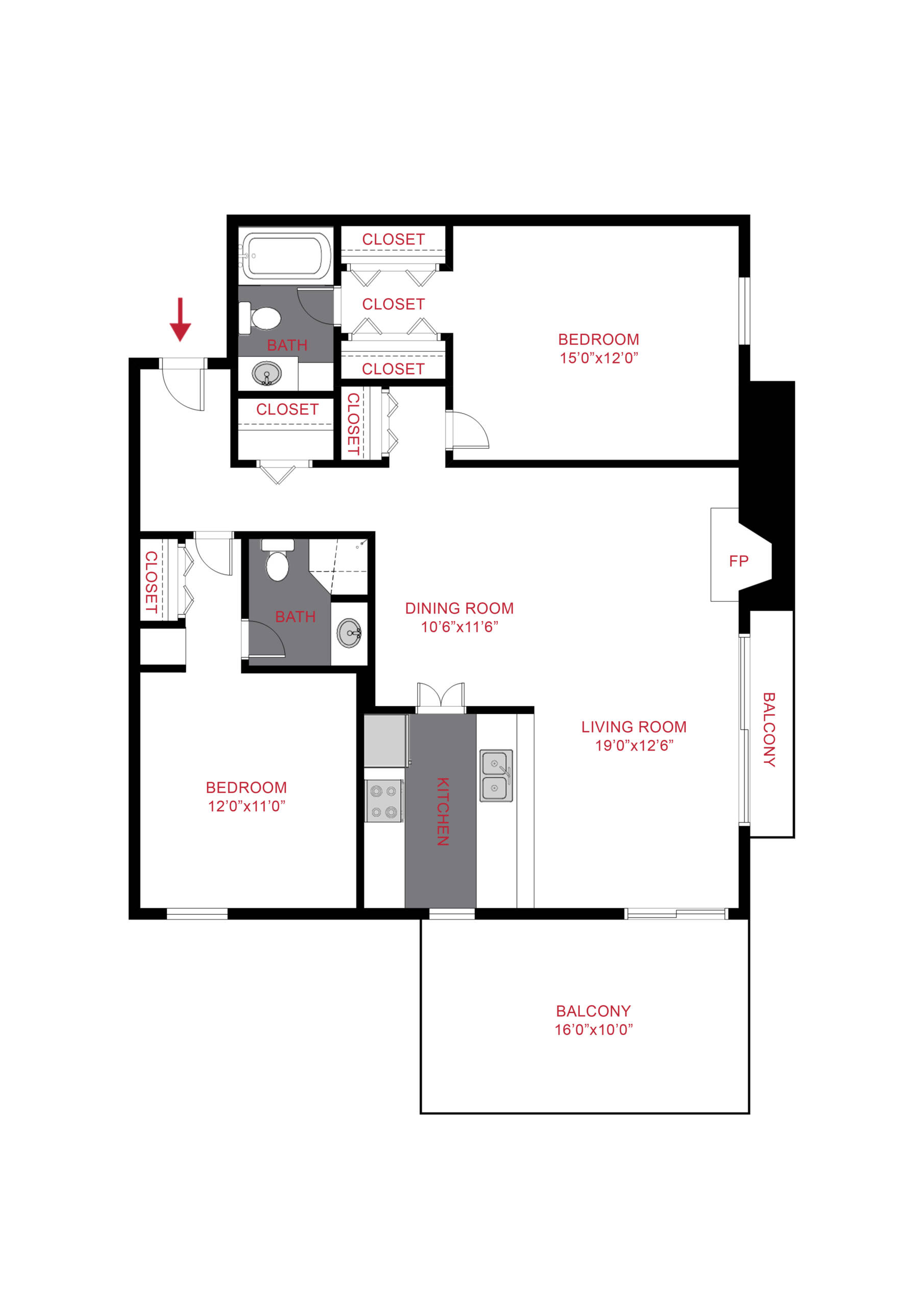 Rendering of the Prestbury floor plan with 2 bedroom[s] and 2 bathroom[s] at The Manchester
