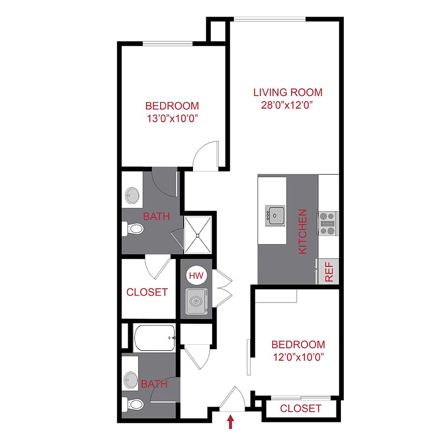 Rendering of the The Meyer floor plan with 2 bedroom[s] and 2 bathroom[s] at 7/S Denver Haus