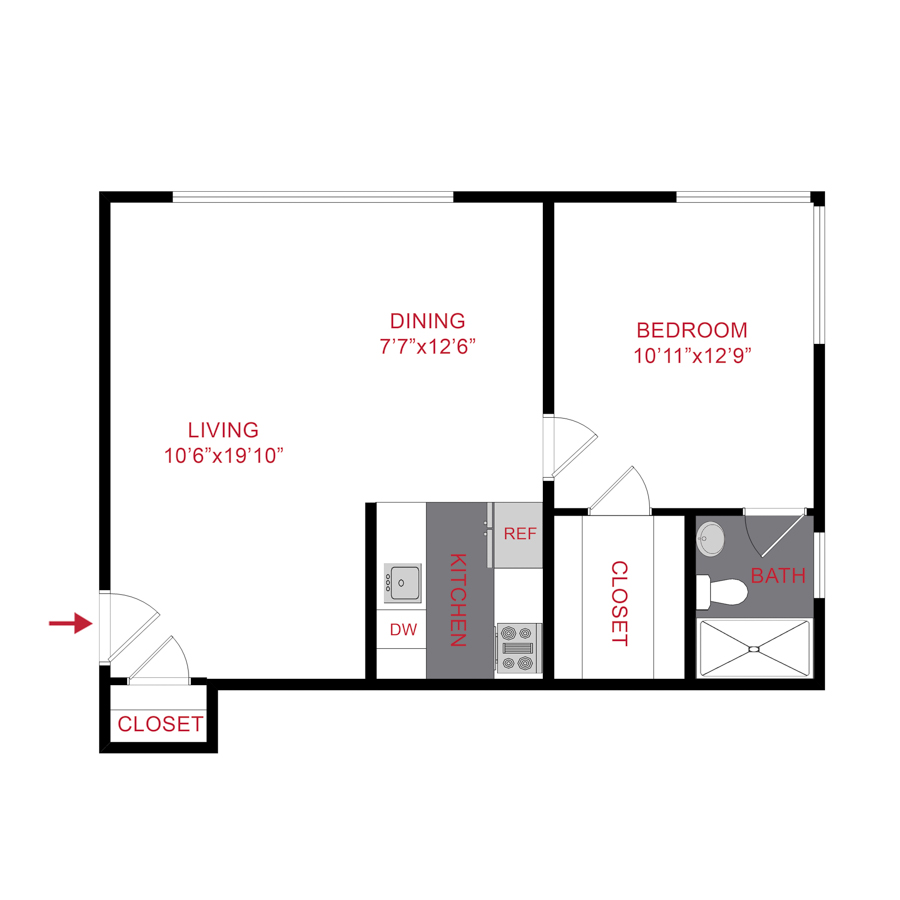 Rendering of the 5501X1 floor plan with 1 bedroom[s] and 1 bathroom[s] at FIVE50
