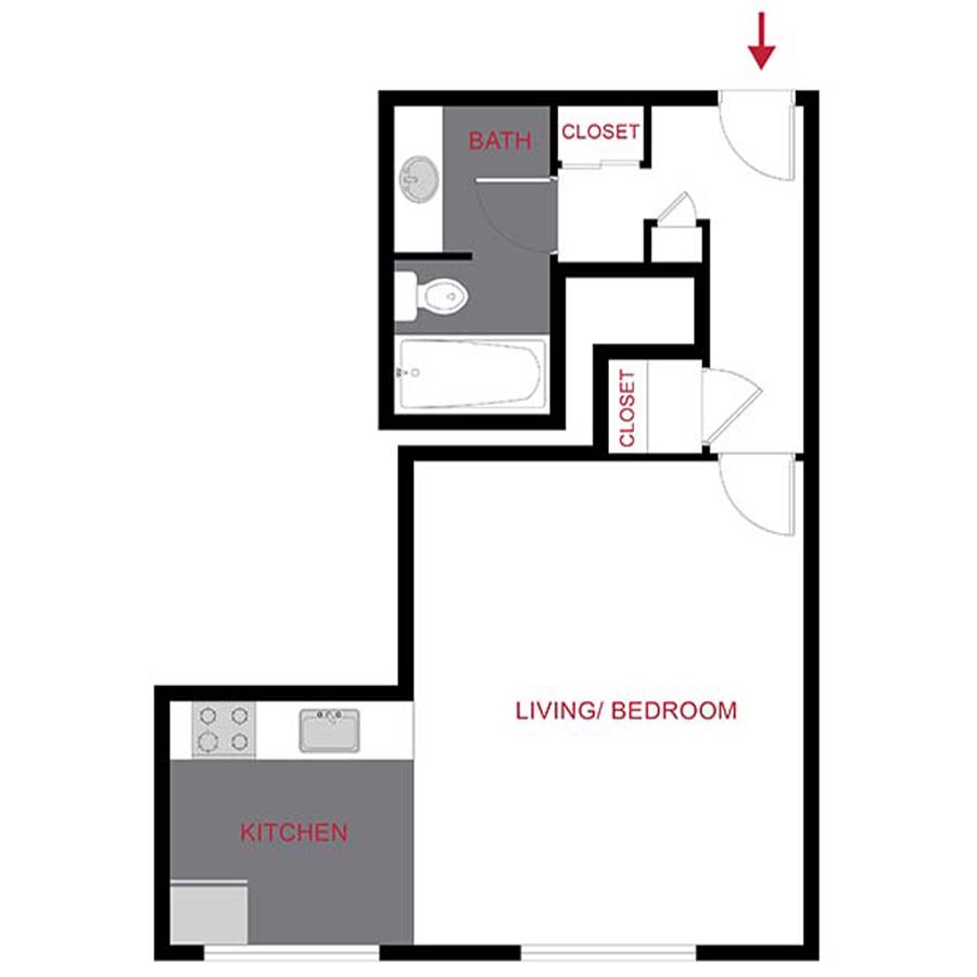 Rendering of the Plan S - Studio floor plan with a Studio bedroom and 1 bathroom[s] at 870 Cherry
