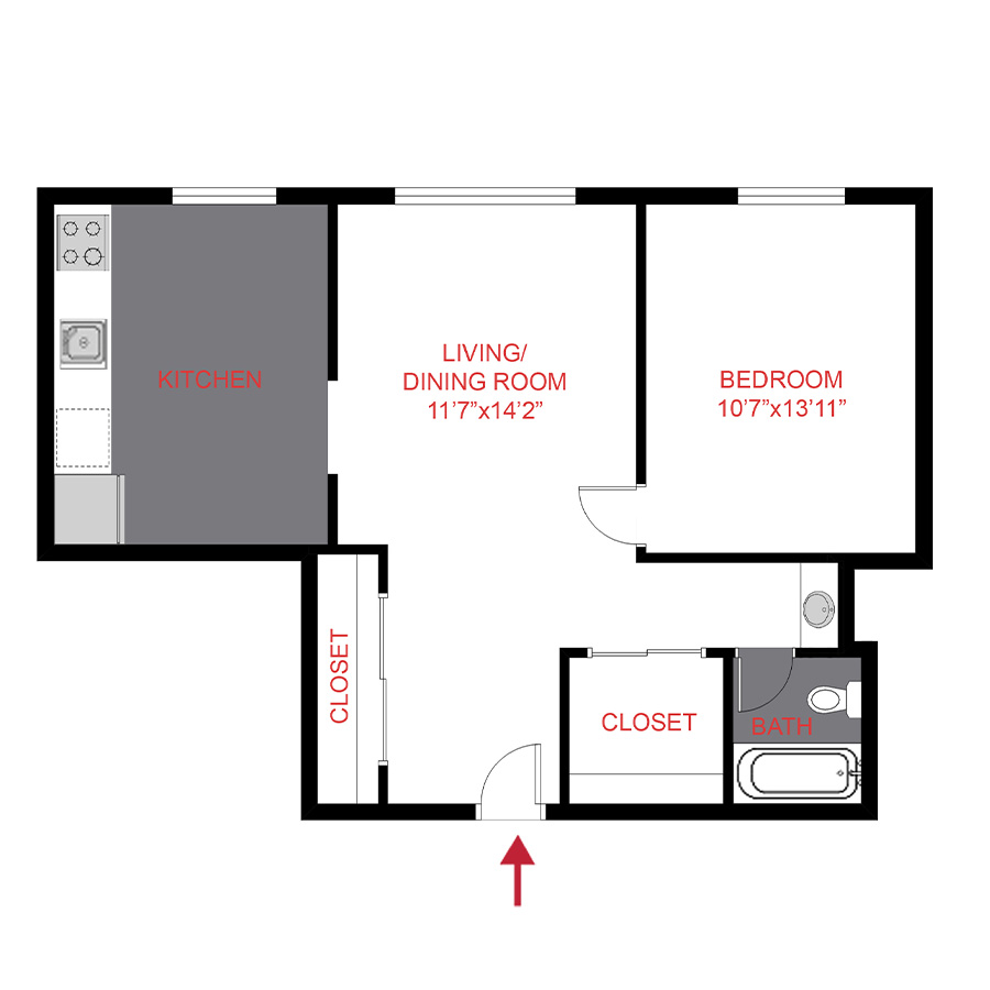 Rendering of the A4 floor plan with 1 bedroom[s] and 1 bathroom[s] at 1360 Williams