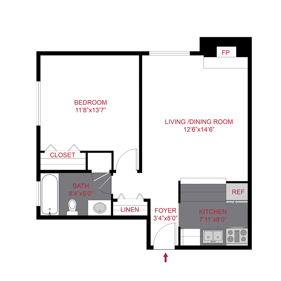 Rendering of the Plan A2 - One Bedroom floor plan with 1 bedroom[s] and 1 bathroom[s] at 1430 Humboldt