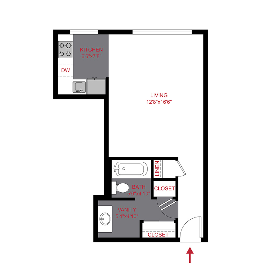 Rendering of the 50COSTUD floor plan with a Studio bedroom and 1 bathroom[s] at 50 Corona