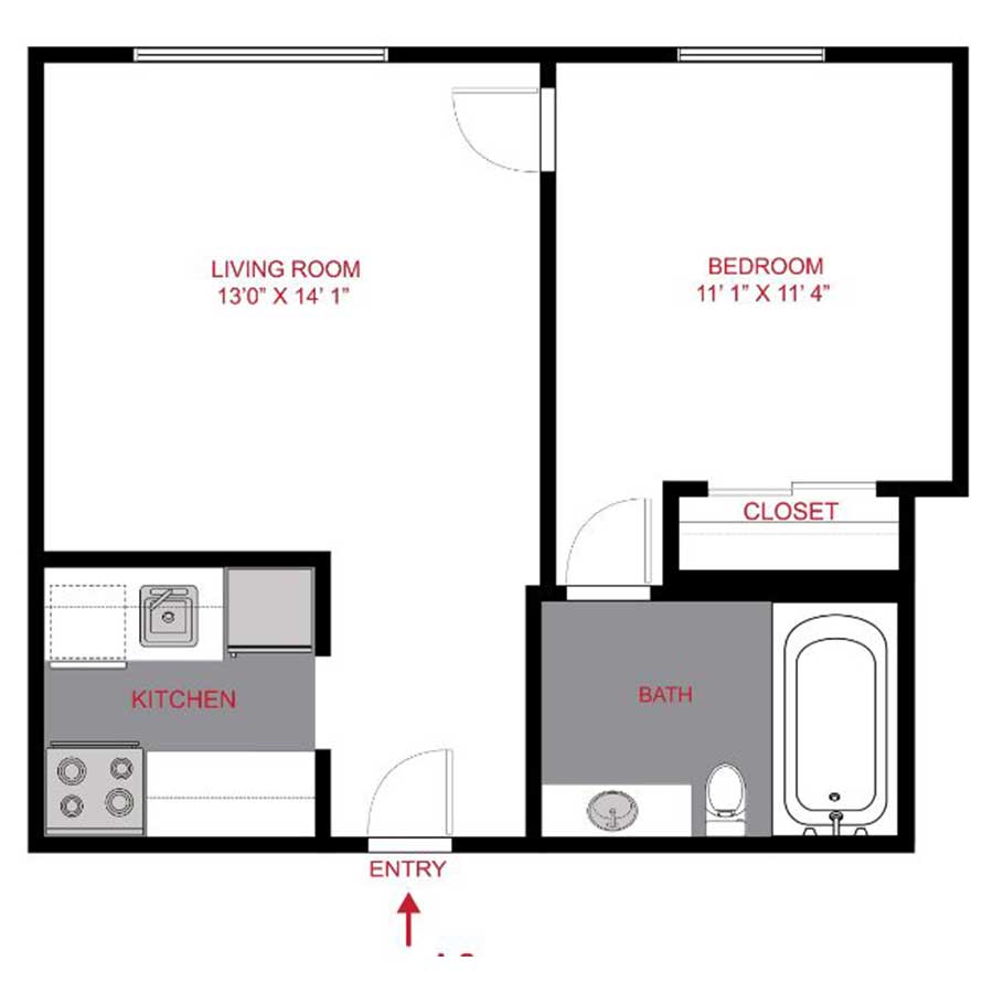 Rendering of the A3 floor plan with 1 bedroom[s] and 1 bathroom[s] at 1402 Race