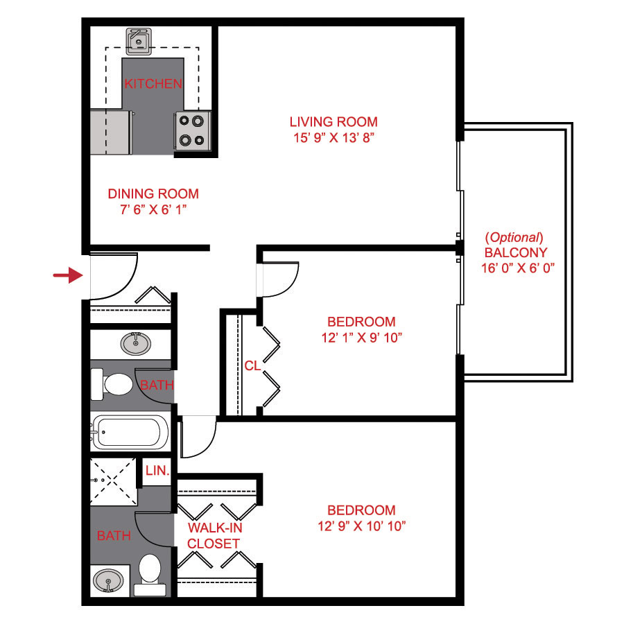 Rendering of the 2x2 floor plan with 2 bedroom[s] and 2 bathroom[s] at The Brit