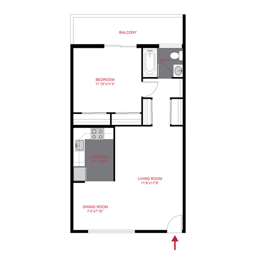 Rendering of the 825 Dahlia - Plan A1 floor plan with 1 bedroom[s] and 1 bathroom[s] at The Dexters & Dahlias