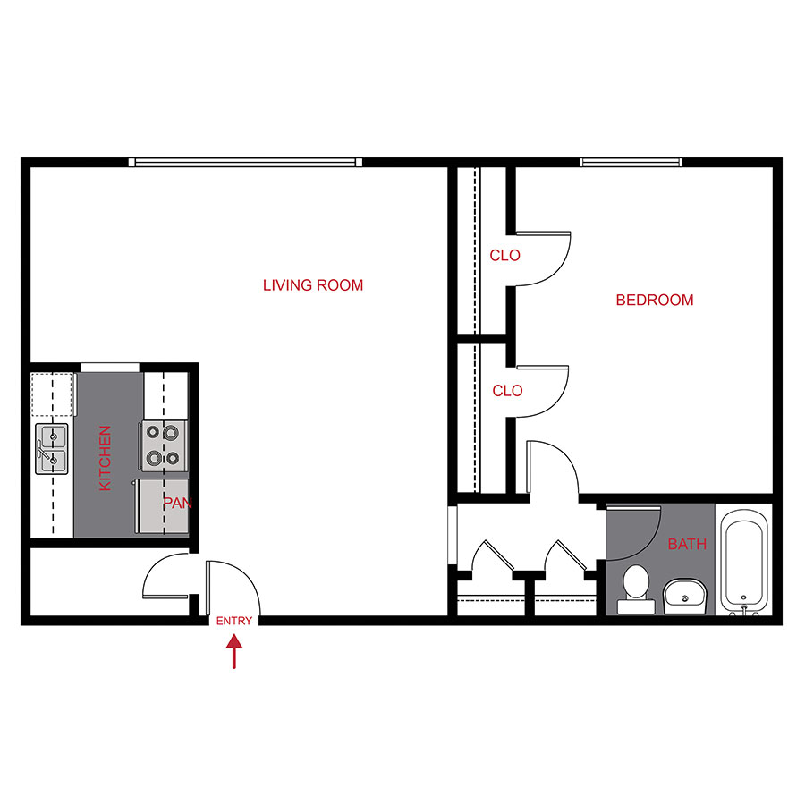 Rendering of the A2 floor plan with 1 bedroom[s] and 1 bathroom[s] at 611 East 11th