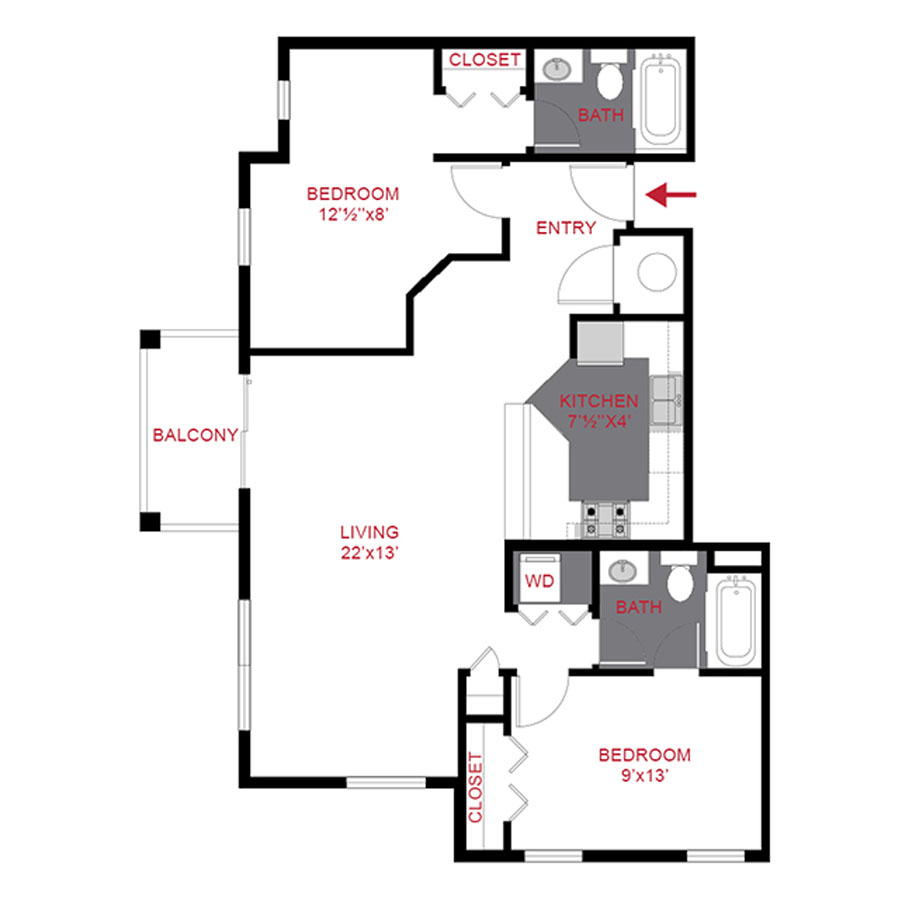 Rendering of the B2.A floor plan with 2 bedroom[s] and 2 bathroom[s] at Trocadero