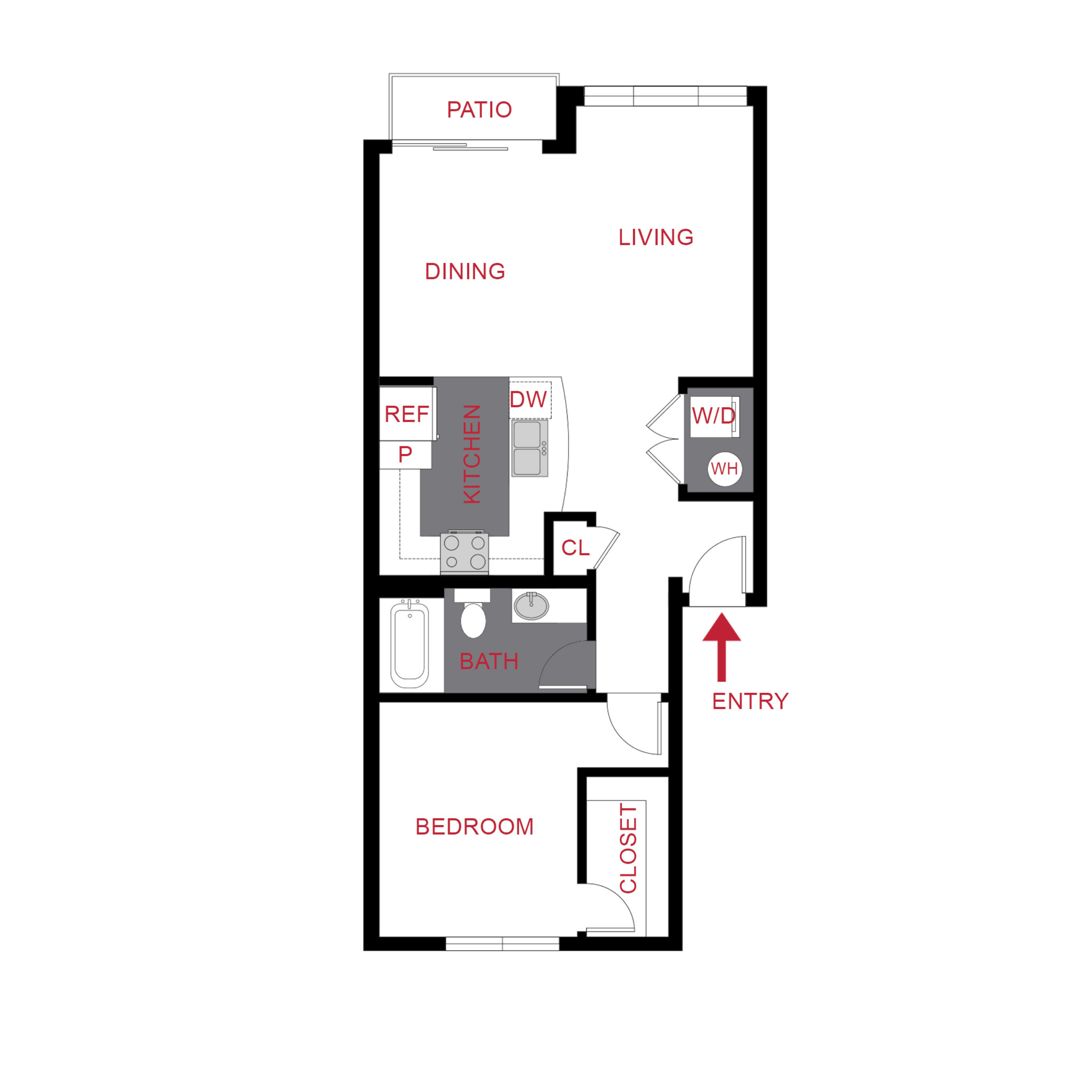 Rendering of the A6 floor plan with 1 bedroom[s] and 1 bathroom[s] at Monaco Row