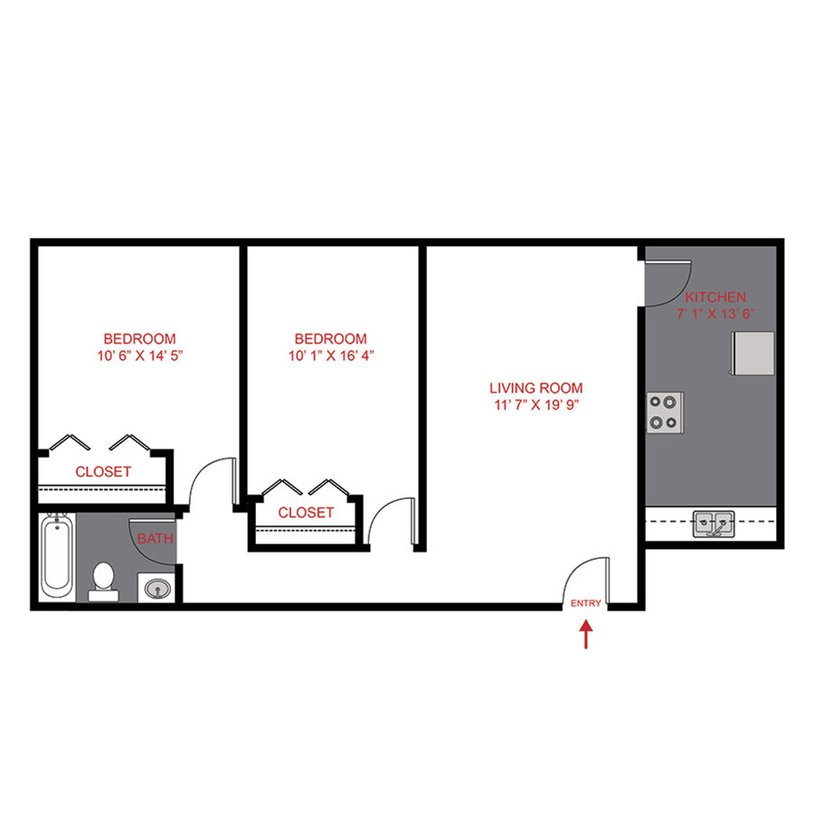 Rendering of the B2 floor plan with 2 bedroom[s] and 1 bathroom[s] at The Ash