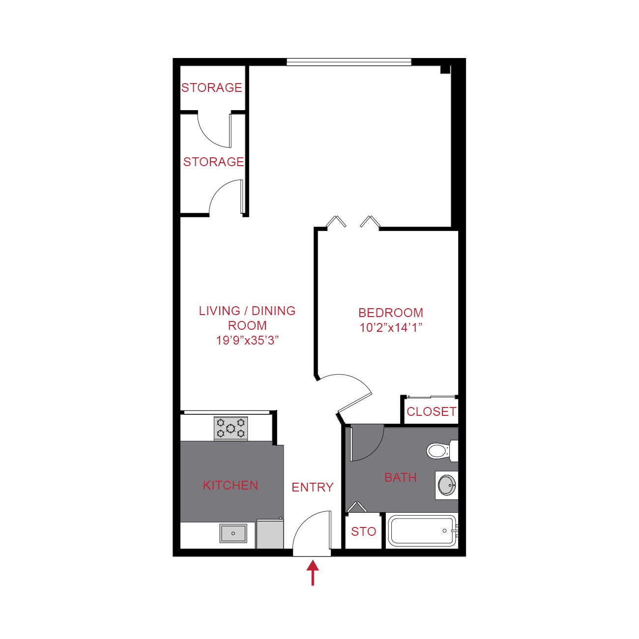 Rendering of the A7 floor plan with 1 bedroom[s] and 1 bathroom[s] at Colorado Station