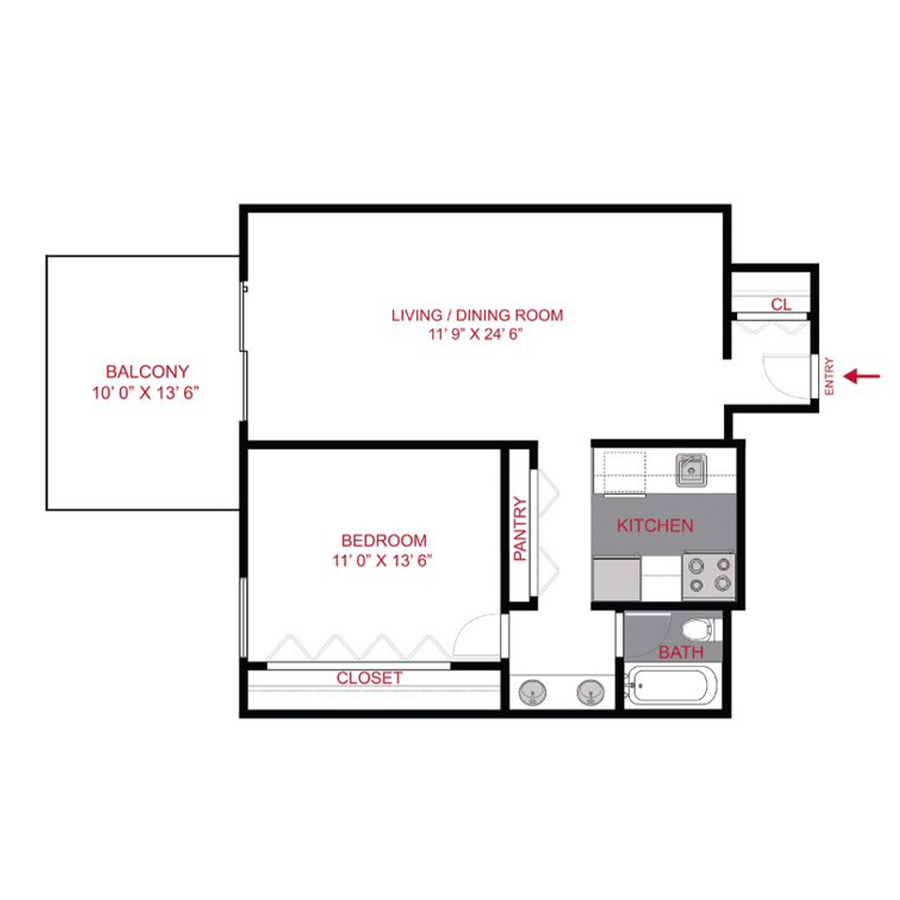 Rendering of the A3 floor plan with 1 bedroom[s] and 1 bathroom[s] at Story