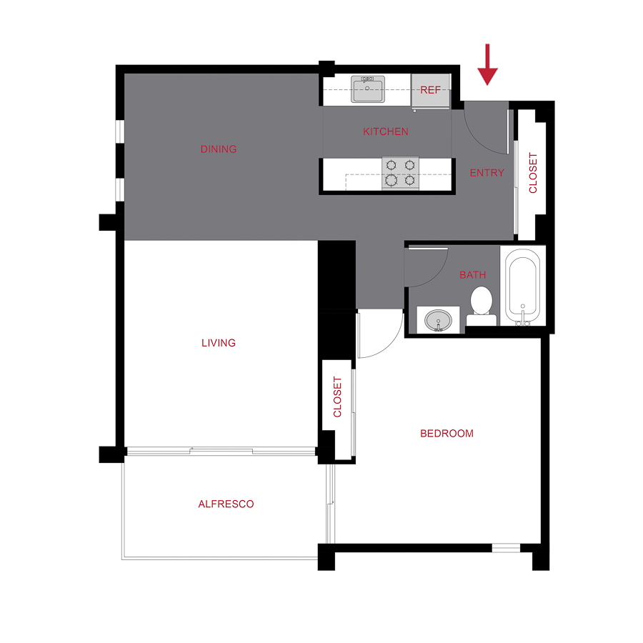 Rendering of the Plan A1  floor plan with 1 bedroom[s] and 1 bathroom[s] at 1000 Grant the Burnsley