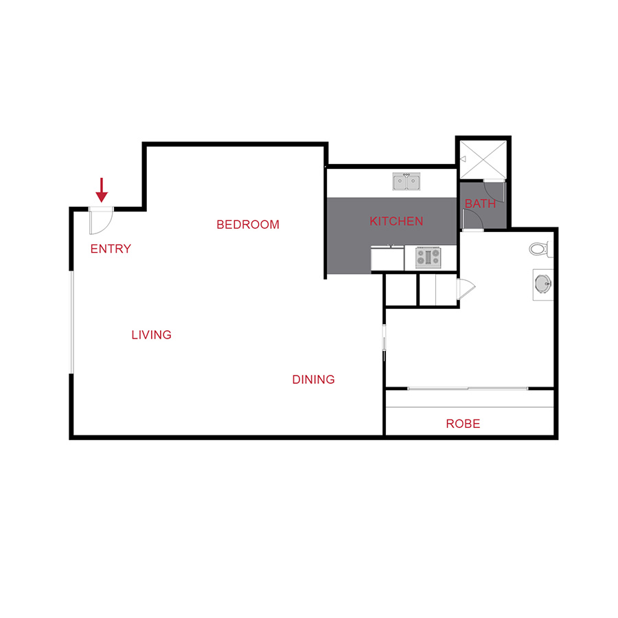 Rendering of the Plan S - Studio floor plan with a Studio bedroom and 1 bathroom[s] at 70 Clarkson