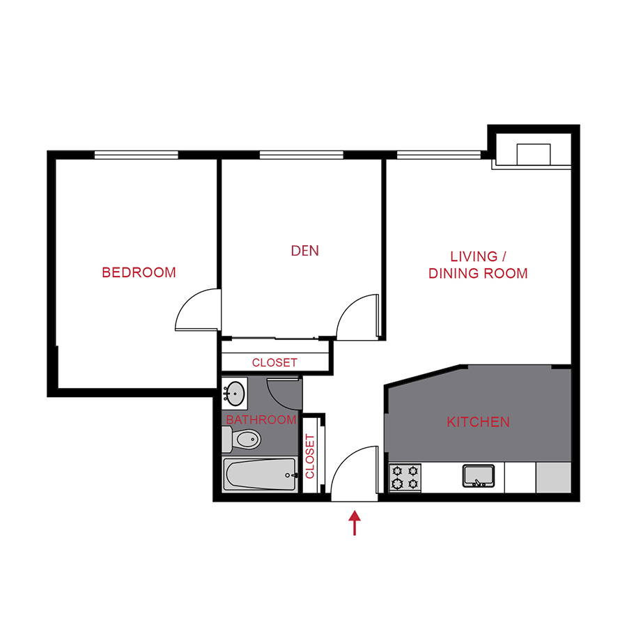 Rendering of the B1 floor plan with 2 bedroom[s] and 1 bathroom[s] at 899 Washington