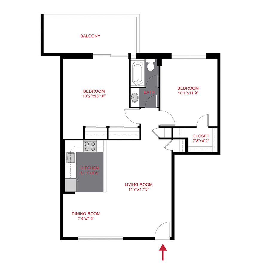 Rendering of the 825 Dahlia - Plan B1 floor plan with 2 bedroom[s] and 1 bathroom[s] at The Dexters & Dahlias