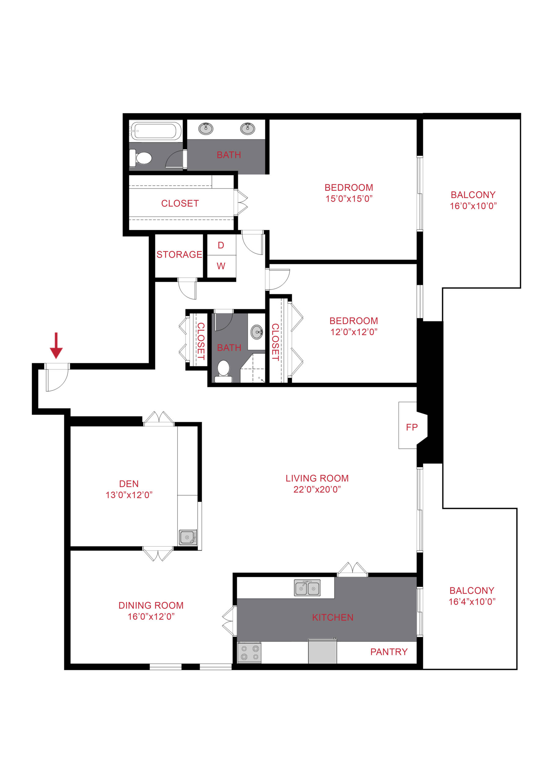 Rendering of the Pendlebury floor plan with 2 bedroom[s] and 2 bathroom[s] at The Manchester