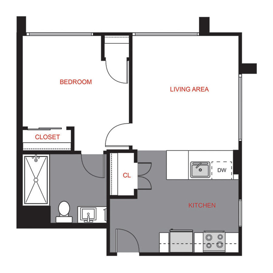 Rendering of the Plan A1 floor plan with 1 bedroom[s] and 1 bathroom[s] at 1375 High