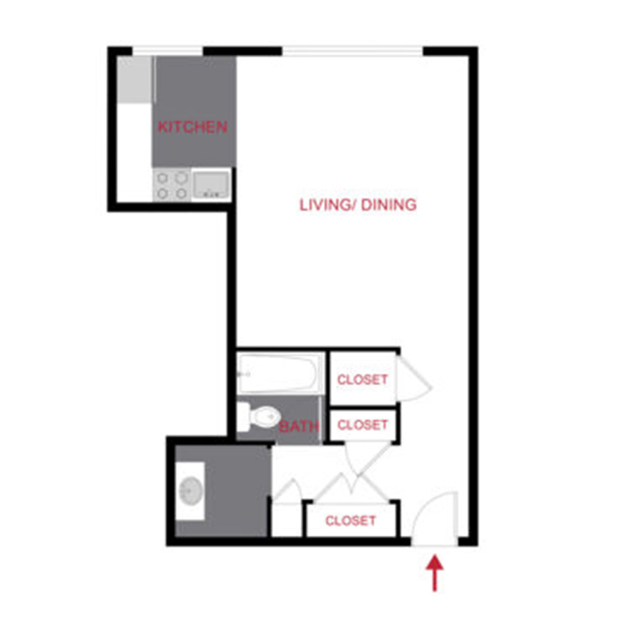 Rendering of the 820 Dexter - Plan S floor plan with a Studio bedroom and 1 bathroom[s] at The Dexters & Dahlias