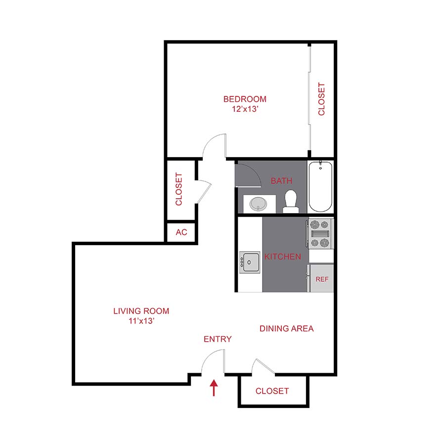 Rendering of the Spruce floor plan with 1 bedroom[s] and 1 bathroom[s] at Canopy Creek