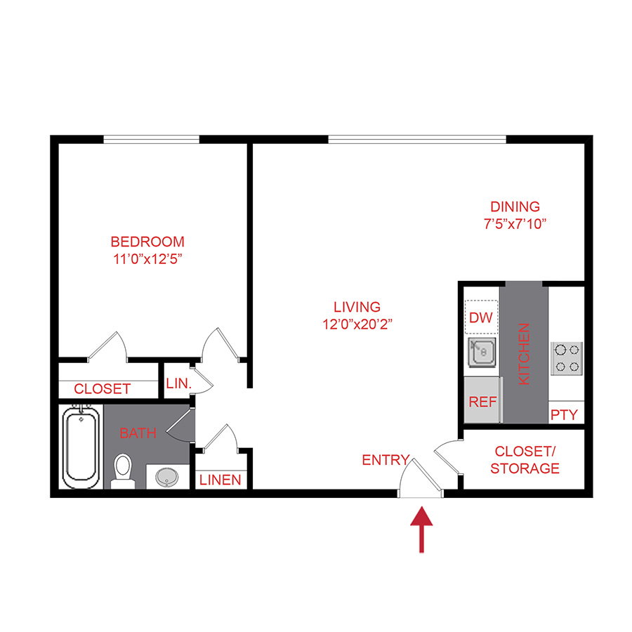 Rendering of the A4 floor plan with 1 bedroom[s] and 1 bathroom[s] at 25 Emerson