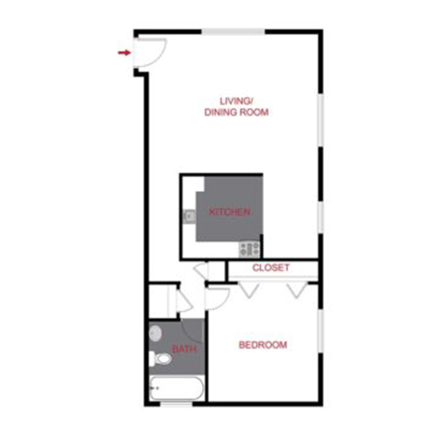 Rendering of the 805 Dahlia - Plan A2 floor plan with 1 bedroom[s] and 1 bathroom[s] at The Dexters & Dahlias
