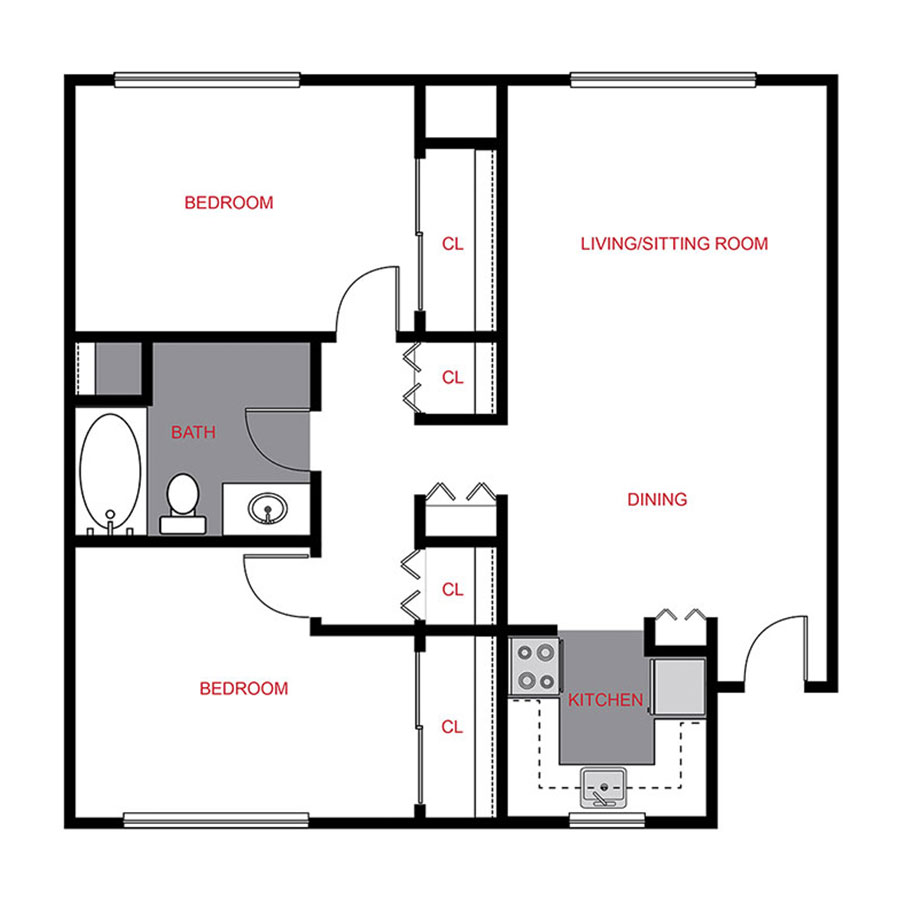 Rendering of the B2 floor plan with 2 bedroom[s] and 1 bathroom[s] at Colorado Station