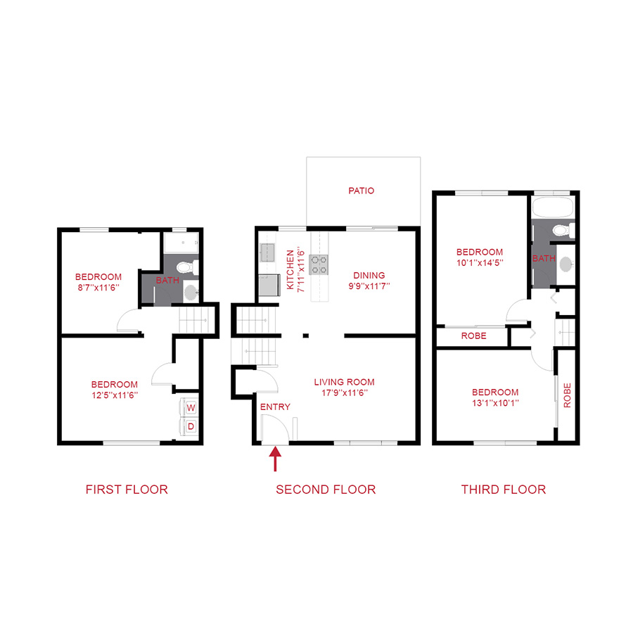 Rendering of the 4 Bedroom Townhome floor plan with 4 bedroom[s] and 2 bathroom[s] at Trace & Trace West