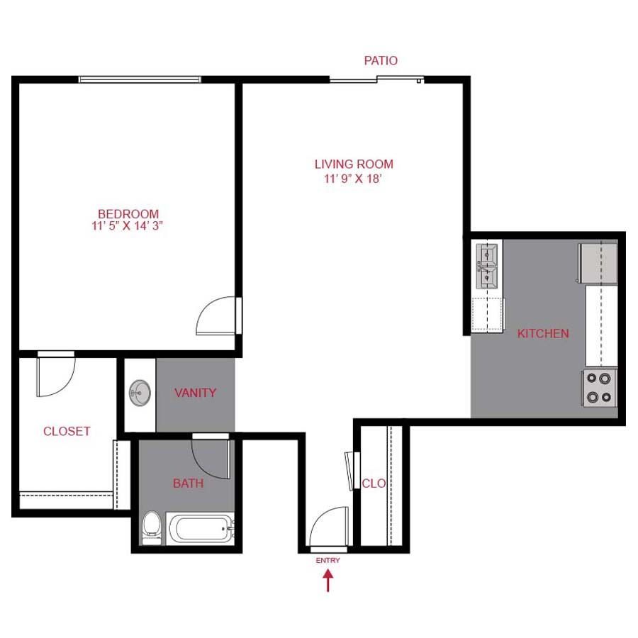 Rendering of the A1 floor plan with 1 bedroom[s] and 1 bathroom[s] at 1280 Lafayette