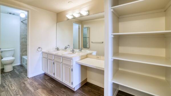 bathroom with double sink and large storage space